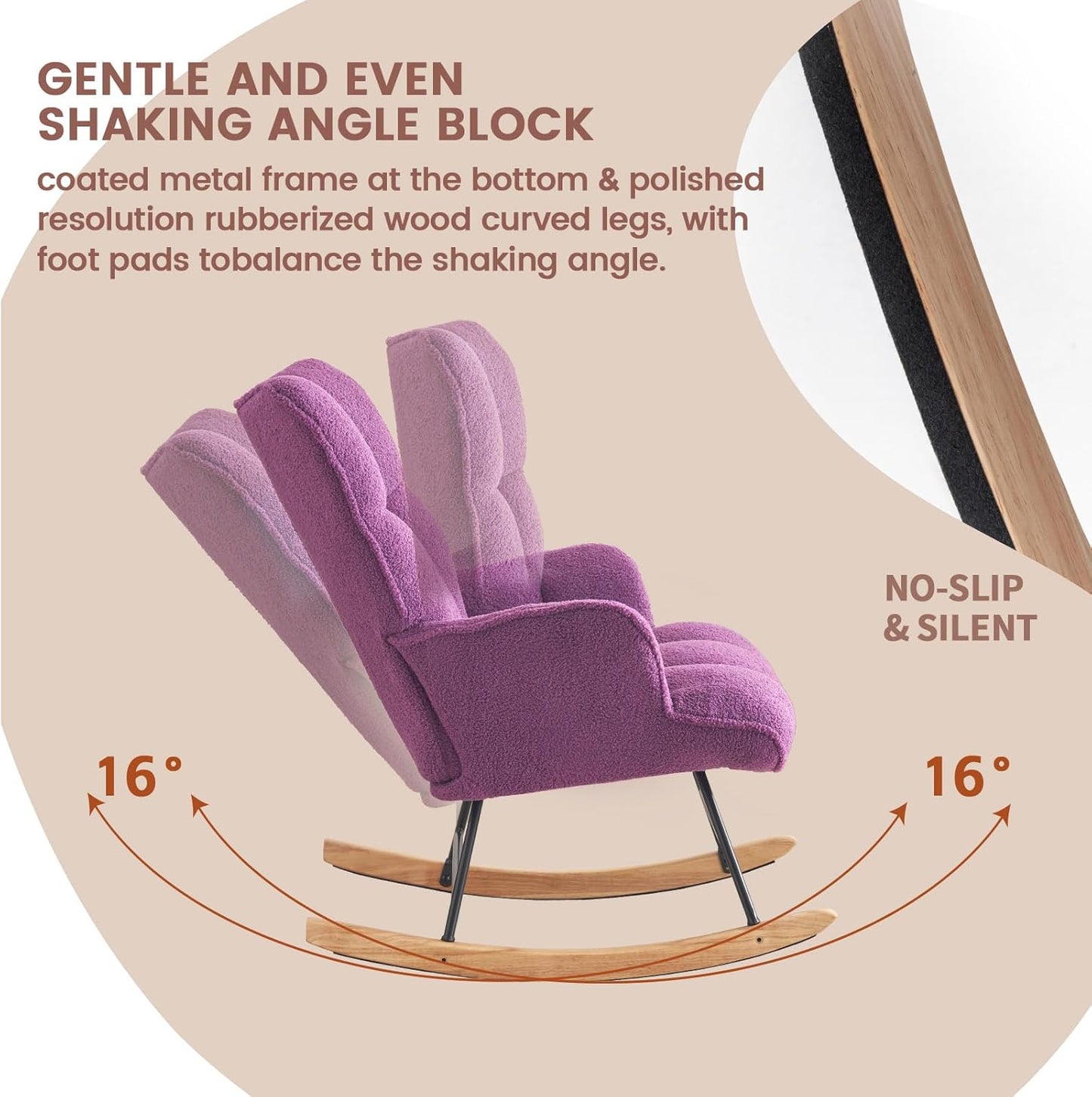 Rocking Chair Nursery Teddy Upholstered Glider Rocker Rocking Accent Chair Padded Seat with High Backrest Armchair Comfy Side Chair for Living Room Bedroom Offices (Purple Teddy)