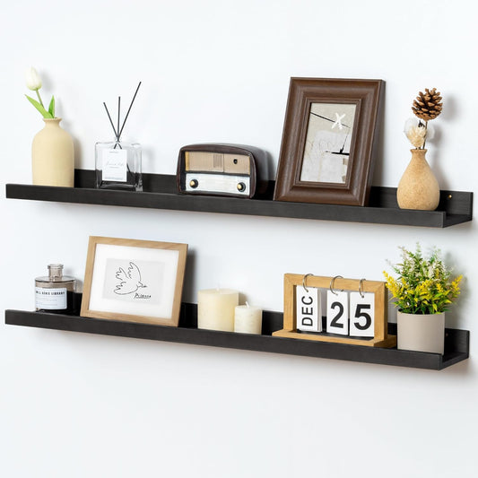 Picture Ledge Shelf for Wall, 36 inch Solid Pine Wood Nursery Book Shelves 2 Packs, Floating Ledge Shelves for Kids' Room Bedroom Bathroom Living Room Photo Frames Office Nursey Wall Decor, Black