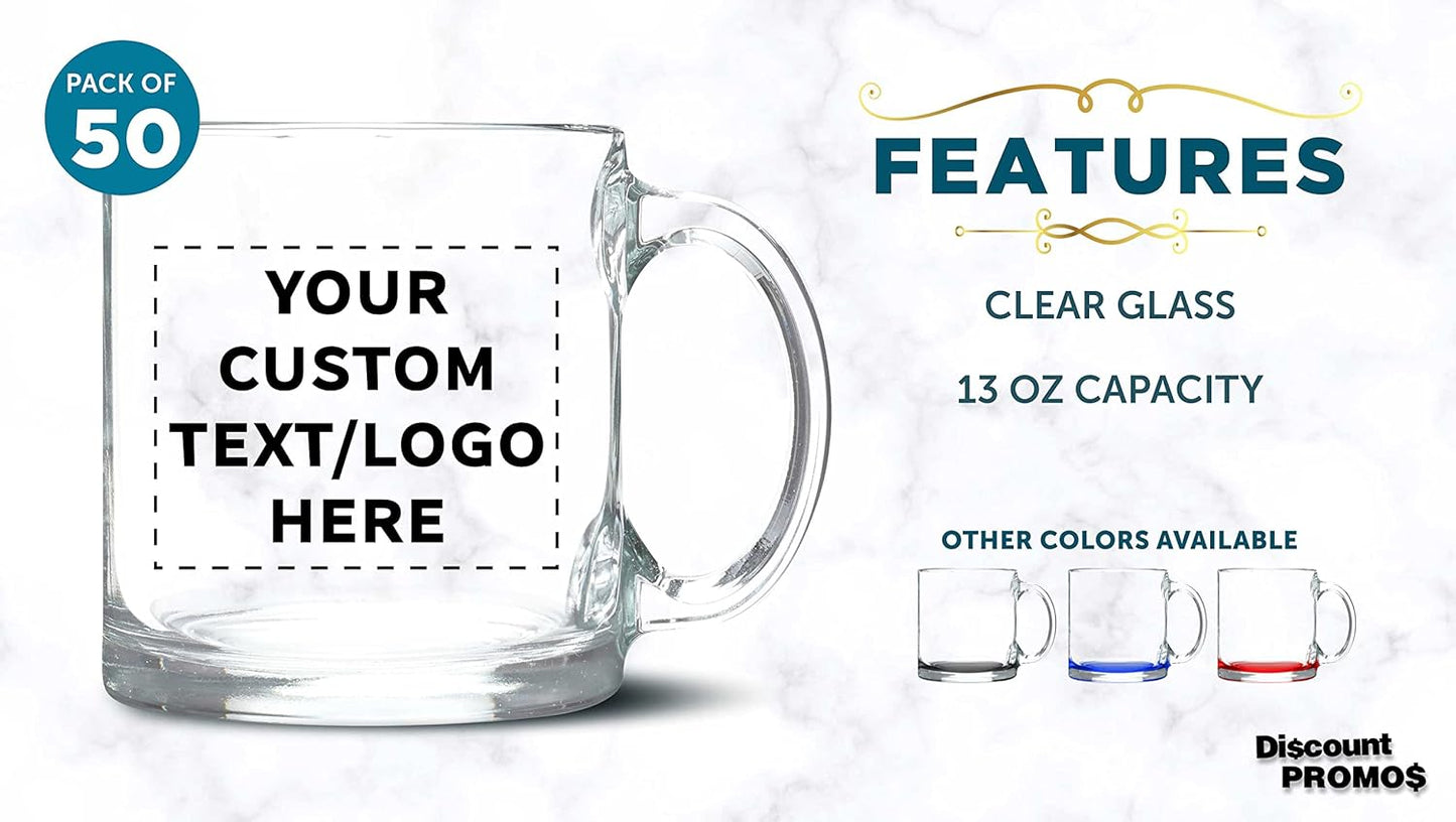Custom Libbey Clear Glass Coffee Mugs 13 oz. Set of 50, Personalized Bulk Pack - Perfect for Coffee, Tea, Espresso, Hot Cocoa, Other Beverages - Clear Bottom