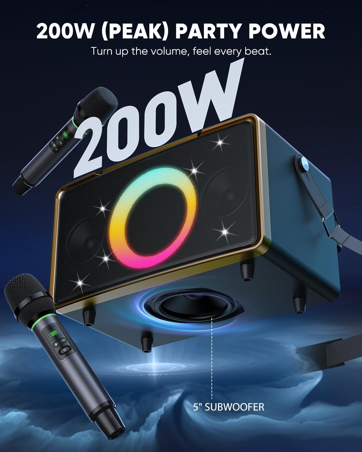 GFEEN Portable Bluetooth Speaker: 200W Peak, 15H Playtime, Wireless Speakers with Microphone, 5″ Subwoofer, Loud Sound, Light Show, Fast Charging for Outdoor, Party, Backyard(Gold with 2Mic)