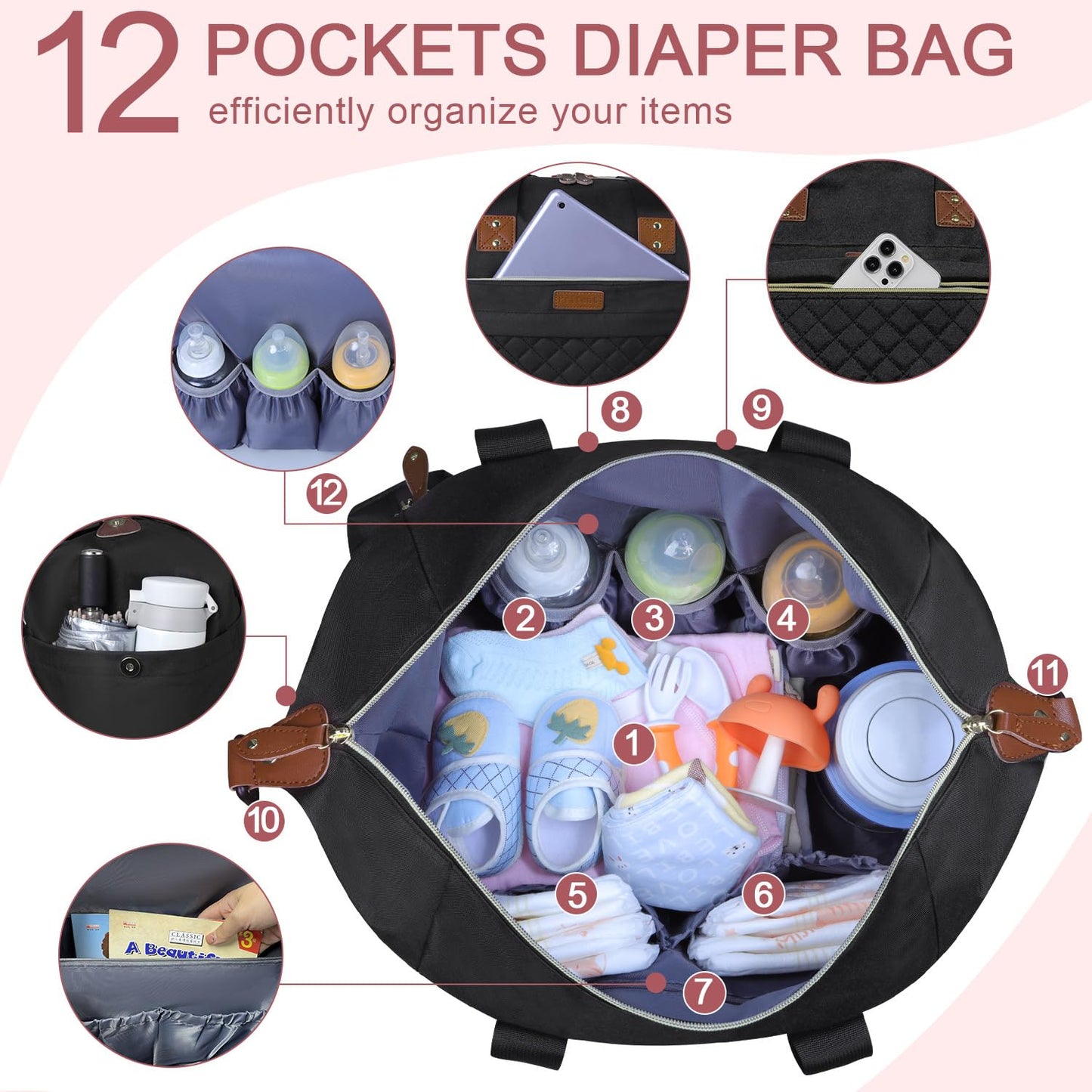Diaper Bag Tote, Diaper Baby Bags with Pacifier Case, Shoulder Straps, Stroller Clips, Waterproof Large Mommy Maternity Travel Baby Tote for Mom and Dad, black