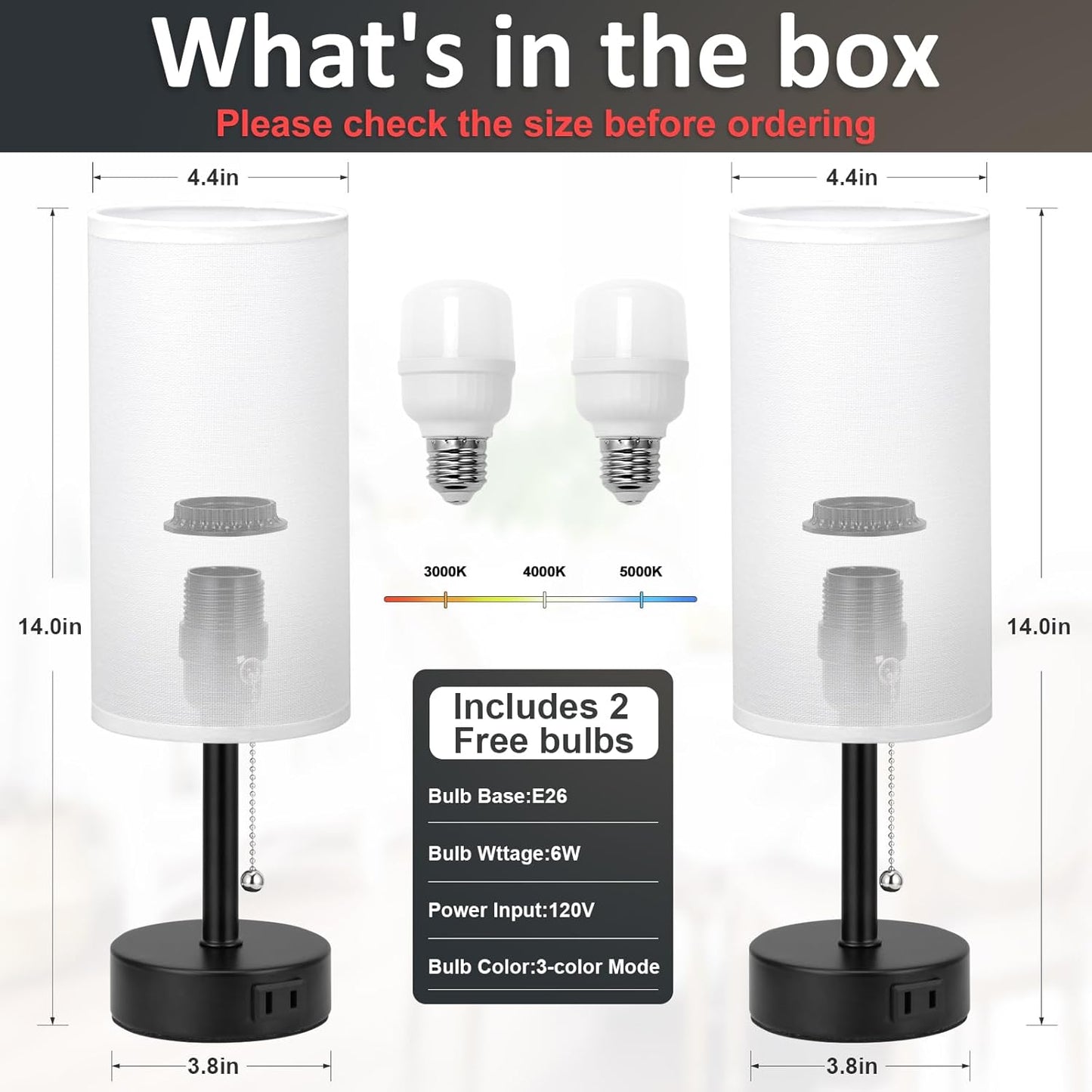 White Bedside Table Lamps Set of 2-3 Color Temperatures Pull Chain Lamp with AC Outlet Charging Port, Round Night Stand Lamps for Bedroom Office, Small Bed Side Light with E26 LED Bulbs