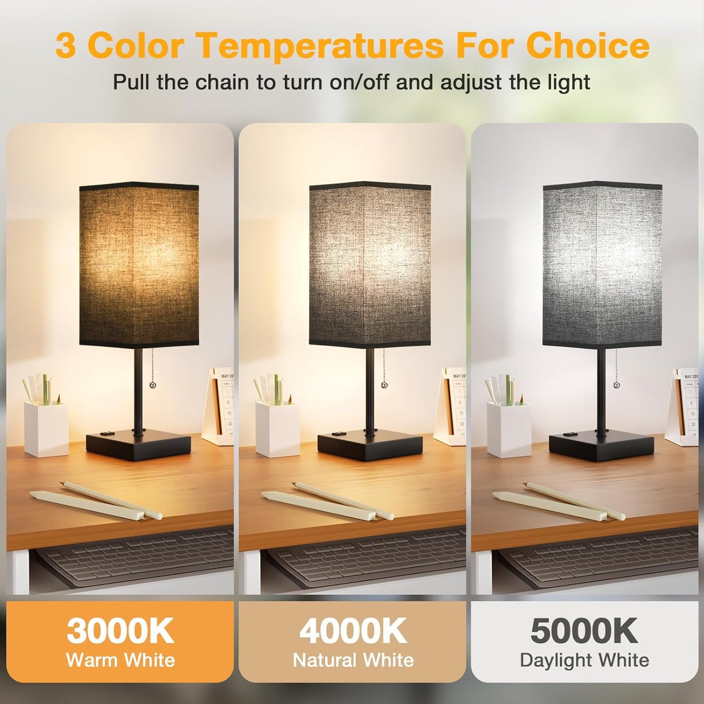 Black Table Lamp for Bedroom - 3 Color Temperature 3000K 5000K 4000K Bedside Lamp, Pull Chain Control, USB A and C Ports, AC Outlets, Bulb Included, Medium