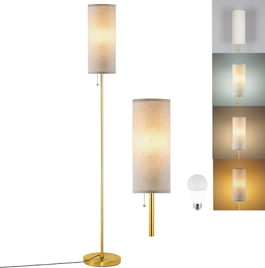 Modern Floor Lamp for Living Room, Gold Standing Lamps with 3 Color Temperatures Bulb, Minimalist Tall Lamp with Chain Switch for Bedroom, LED Bulb Included(Beige Shade+Gold)