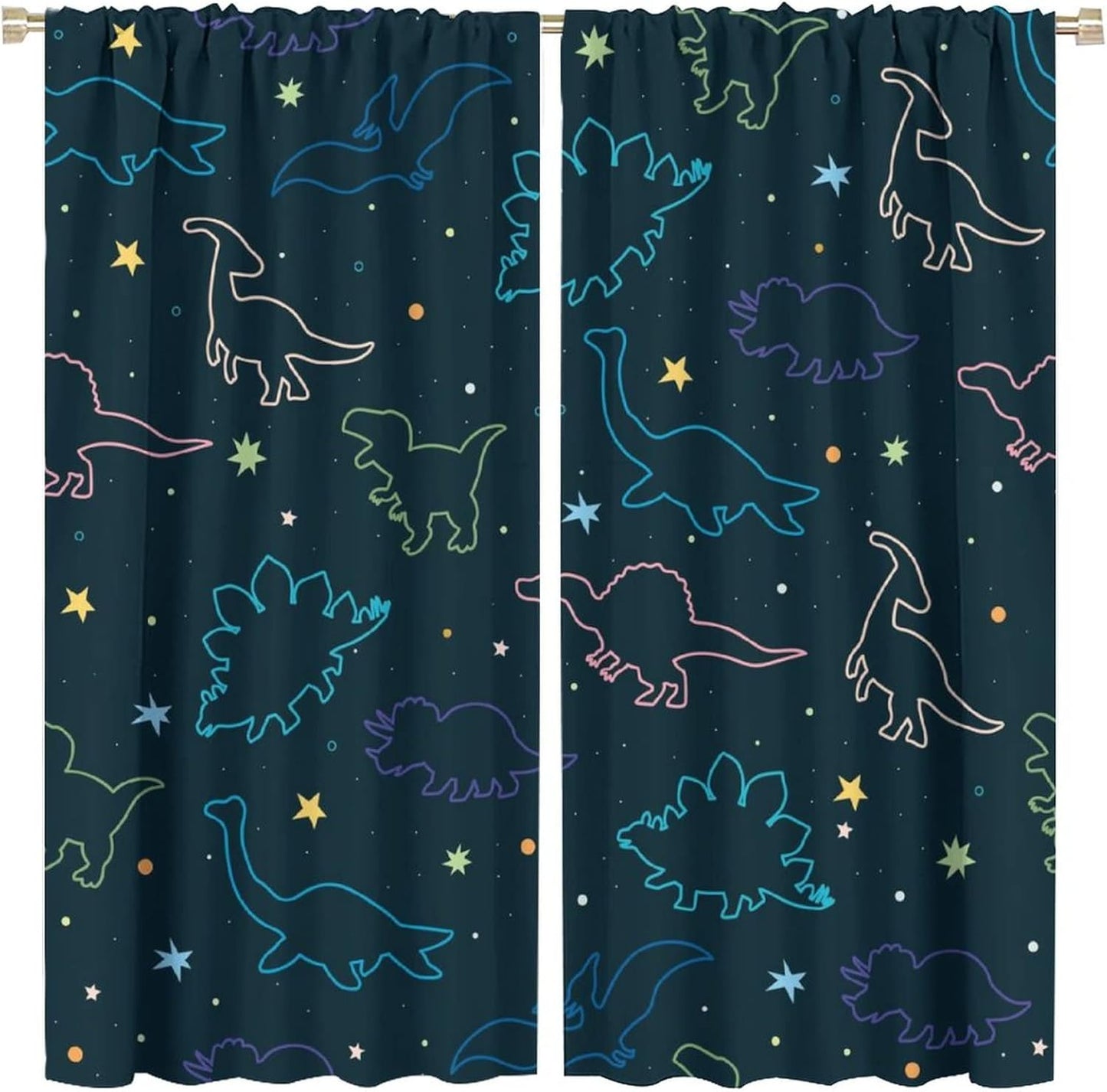 Cartoon Colorful Dinosaur Curtains for Kids Boys Girls Home Decor, Astronaut Funny Outer Space Star Blackout Rod Pocket Window Drapes for Bedroom Living Room W42xL84in 2 Panels