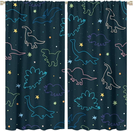 Cartoon Colorful Dinosaur Curtains for Kids Boys Girls Home Decor, Astronaut Funny Outer Space Star Blackout Rod Pocket Window Drapes for Bedroom Living Room W26xL84in 2 Panels
