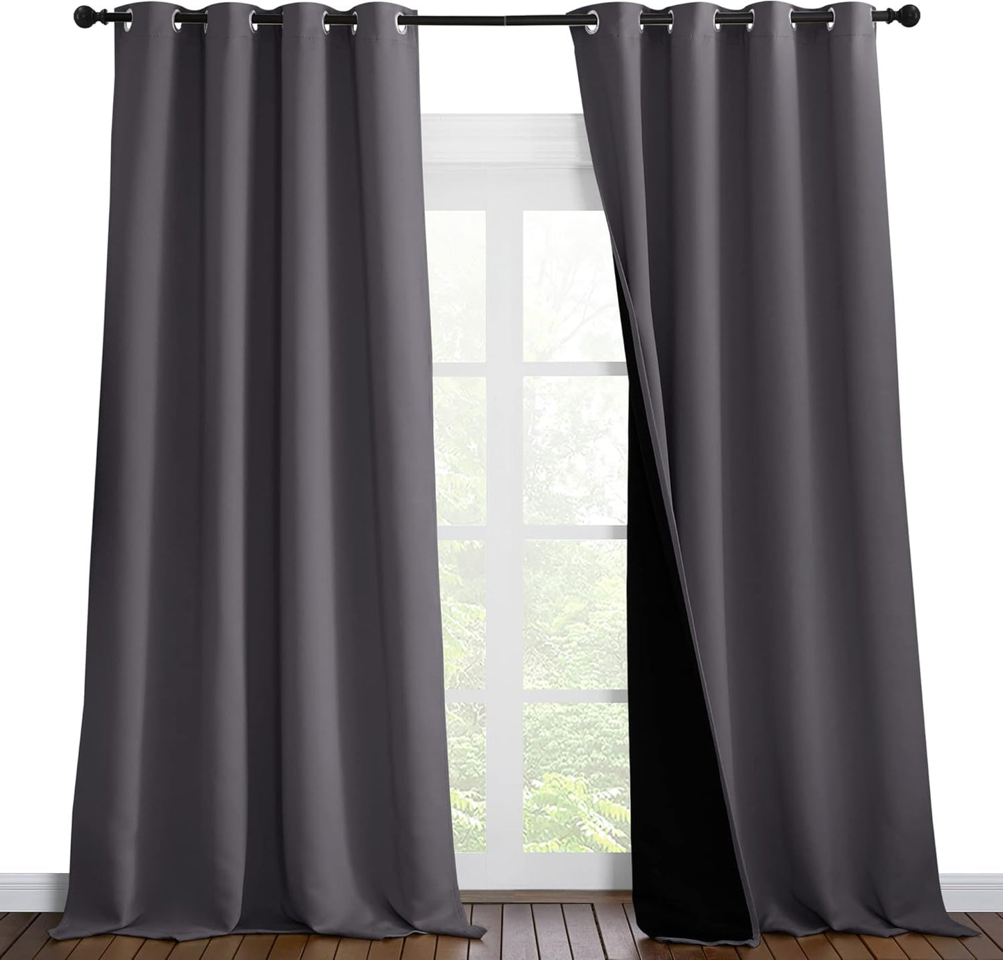 NICETOWN Total Shade Curtains and Draperies, Heavy-Duty Full Light Shading Drapes with Black Liner Backing for Villa/Hall/Dorm Window（Gray, Package of 2 Panels, 55 inches Wide x 96 inches Long
