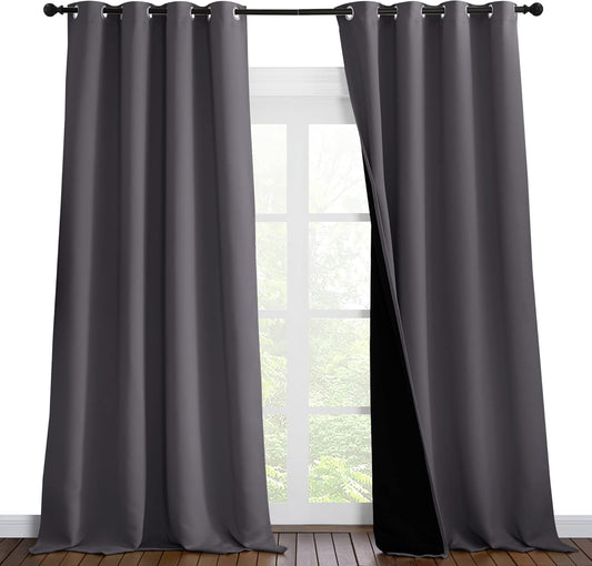 NICETOWN Total Shade Curtains and Draperies, Heavy-Duty Full Light Shading Drapes with Black Liner Backing for Villa/Hall/Dorm Window（Gray, Package of 2 Panels, 55 inches Wide x 96 inches Long