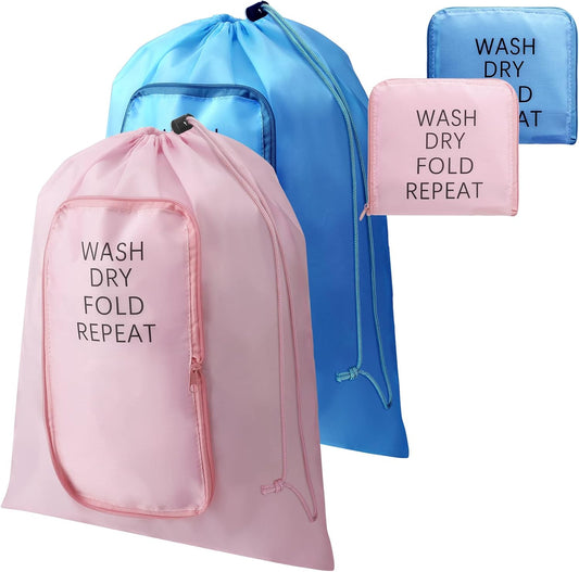 2 Pcs Travel Laundry Bag Washable Dirty Clothes Bag with Drawstring and Zipper for Suitcase, 22 x 18 Inch (Pink, Blue,Classic)