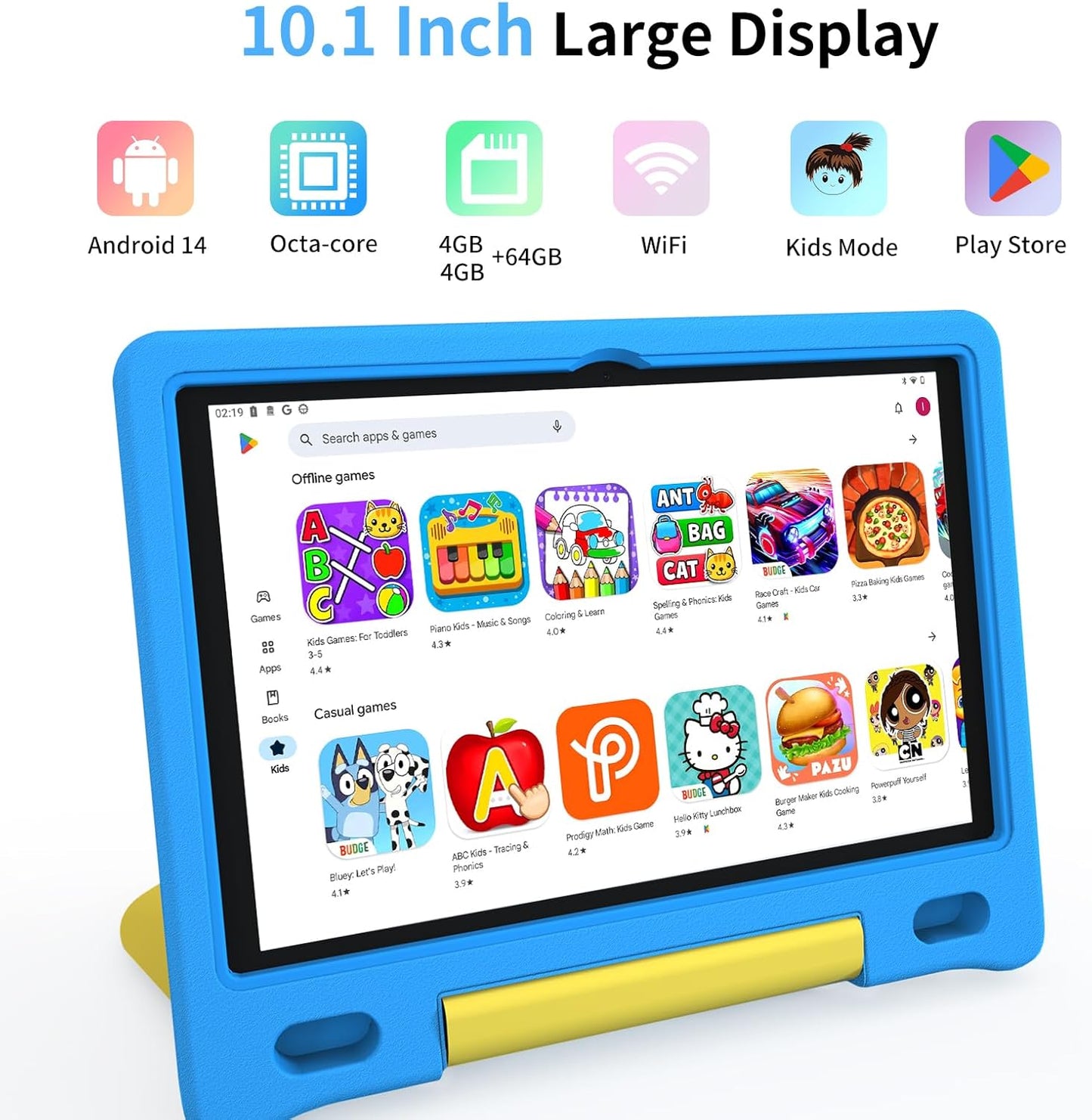 Kids Tablet, 10.1 Inch Tablet for Kids, Android 14, 64GB, Octa-Core CPU, WiFi, Big Battery, Kids Conten, Parental Control, HD Display Children Tablet Age 3-12, Bluetooth, Blue Shockproof Case