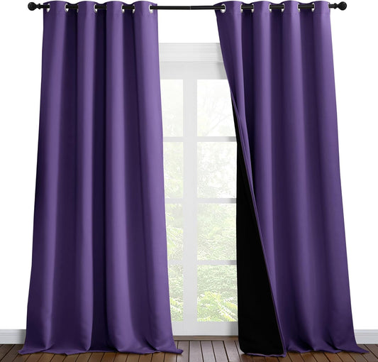 NICETOWN Total Shade Curtains and Draperies, Heavy-Duty Full Light Shading Drapes with Black Liner Backing for Villa/Hall/Dorm Window（Lilac Purple, Package of 2 Panels, 55 inches Wide x 96 inches Long