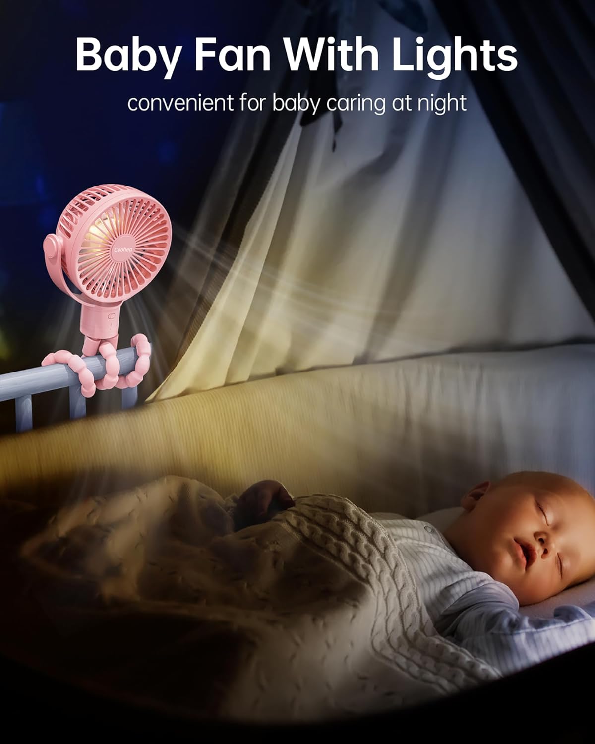 Stroller Fan Rechargeable Battery Powered Portable Fans, Head Detachable 360° Rotatable Clip on Fan, 3 Speed Quiet Small Mini Fans with Light Night for Carseat, Bed, Crib, Bike, Travel, Pink