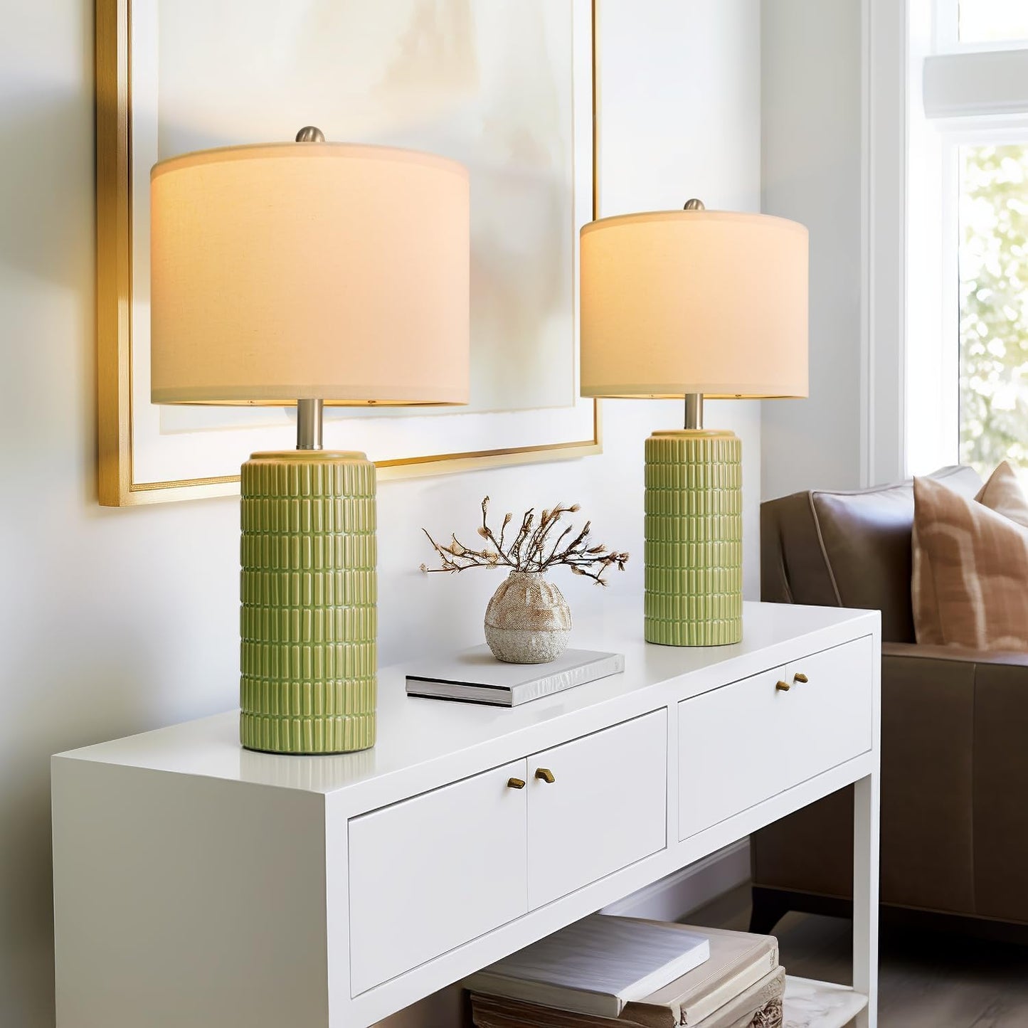 PoKat 23" Green Ceramic Table Lamps Set of 2, Farmhouse Table Lamps for Living Room, Modern Lamps for Bedroom Night Stands, Traditional Nightstand Desk Lamps, Medium