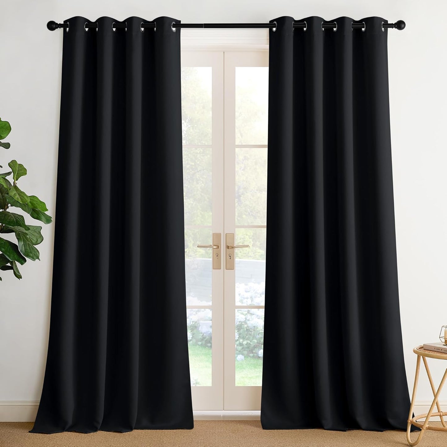 NICETOWN Blackout Curtains for Bedroom 96 Inches Long, 2 Panels, W52, Black, 3 Pass Microfiber Noise Reducing Thermal Insulated Solid Ring Top Blackout Window Drapes