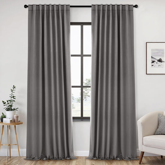 ANRODUO Back Tab Blackout Curtains for Bedroom Living Room, Rod Pocket Pinch Pleated Thermal Insulated Room Darkening Curtains 96 Inches Long 2 Panels, Grey, 52 x 96 Inch