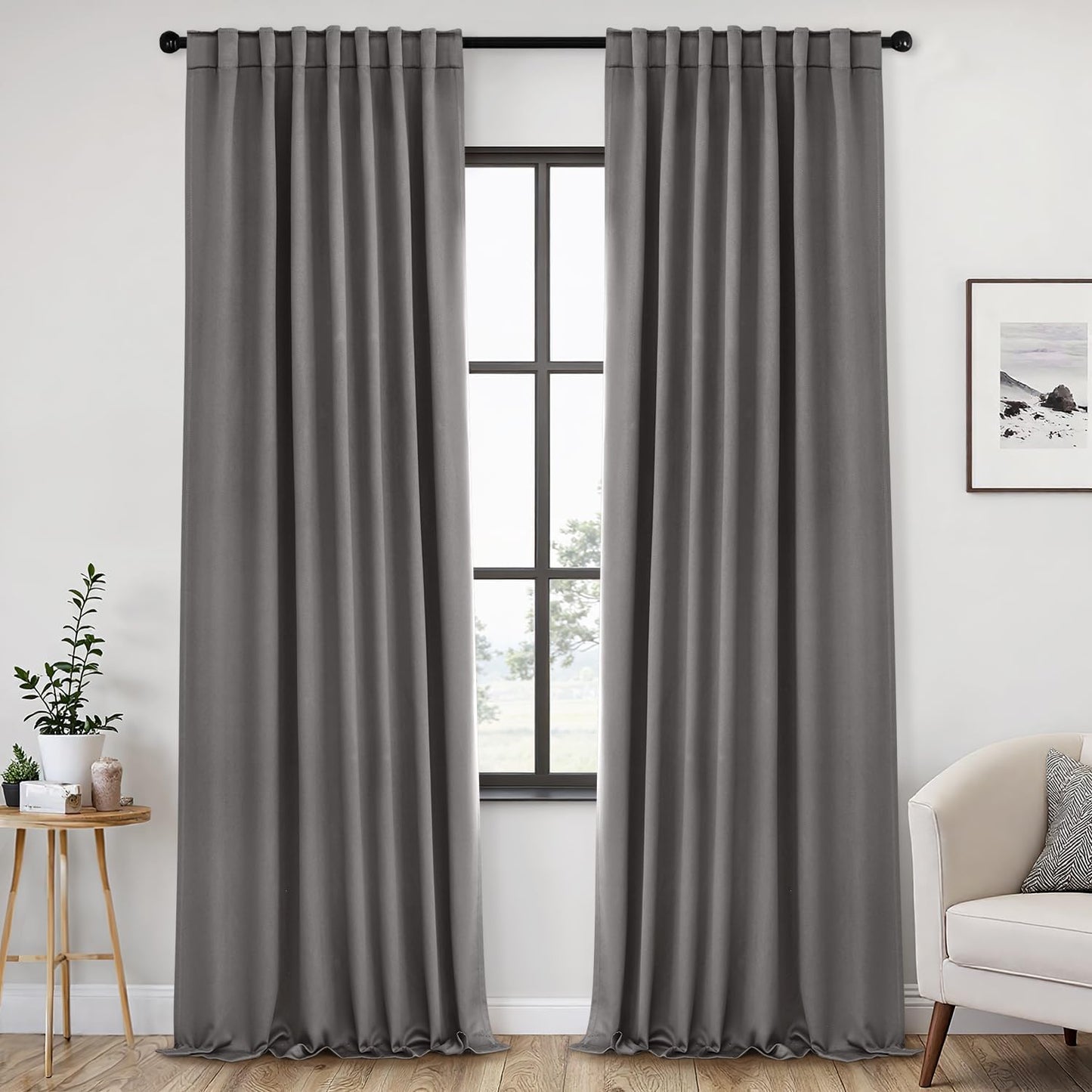 ANRODUO Back Tab Blackout Curtains for Bedroom Living Room, Rod Pocket Pinch Pleated Thermal Insulated Room Darkening Curtains 120 Inches Long 2 Panels, Grey, 52 x 120 Inch