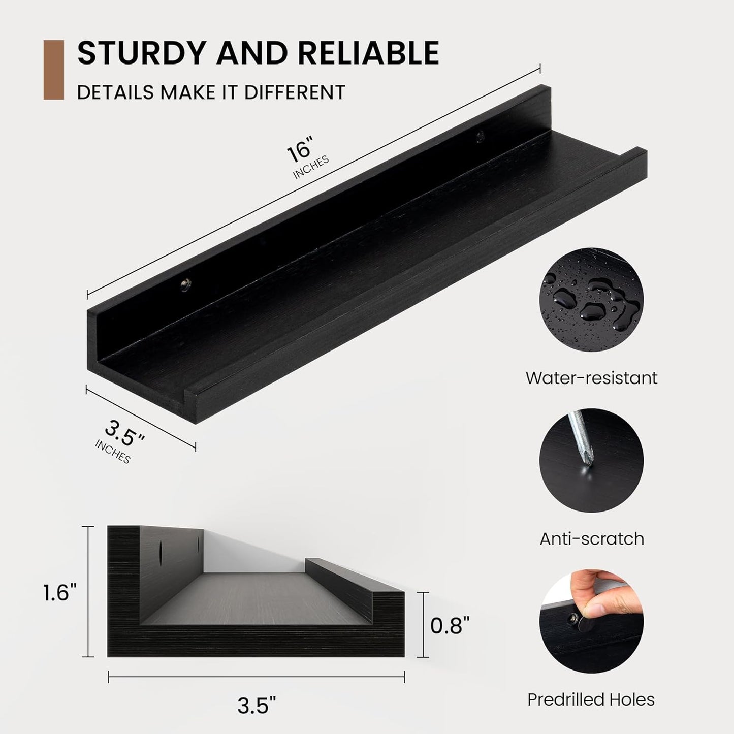 Picture Ledge Shelf, Solid Pine Wood Floating Shelves Set of 4, 16 Inches Nursery Book Shelves for Toys Storage, Kids Bookshelf Wall Mounted for Living Room Decor Photo Frames, Black