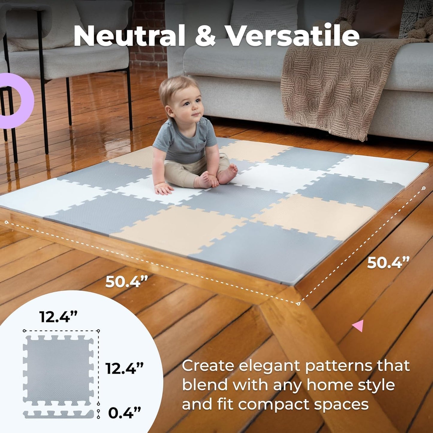 MioTetto Foam Floor Tiles for Kids - Non-Toxic Comfortable Baby Play Mat and Interlocking Foam Tiles, Fits with 50x50 Playpen Mat for Crawling & Development, Soft Play Mat for Babies 6-12 Months