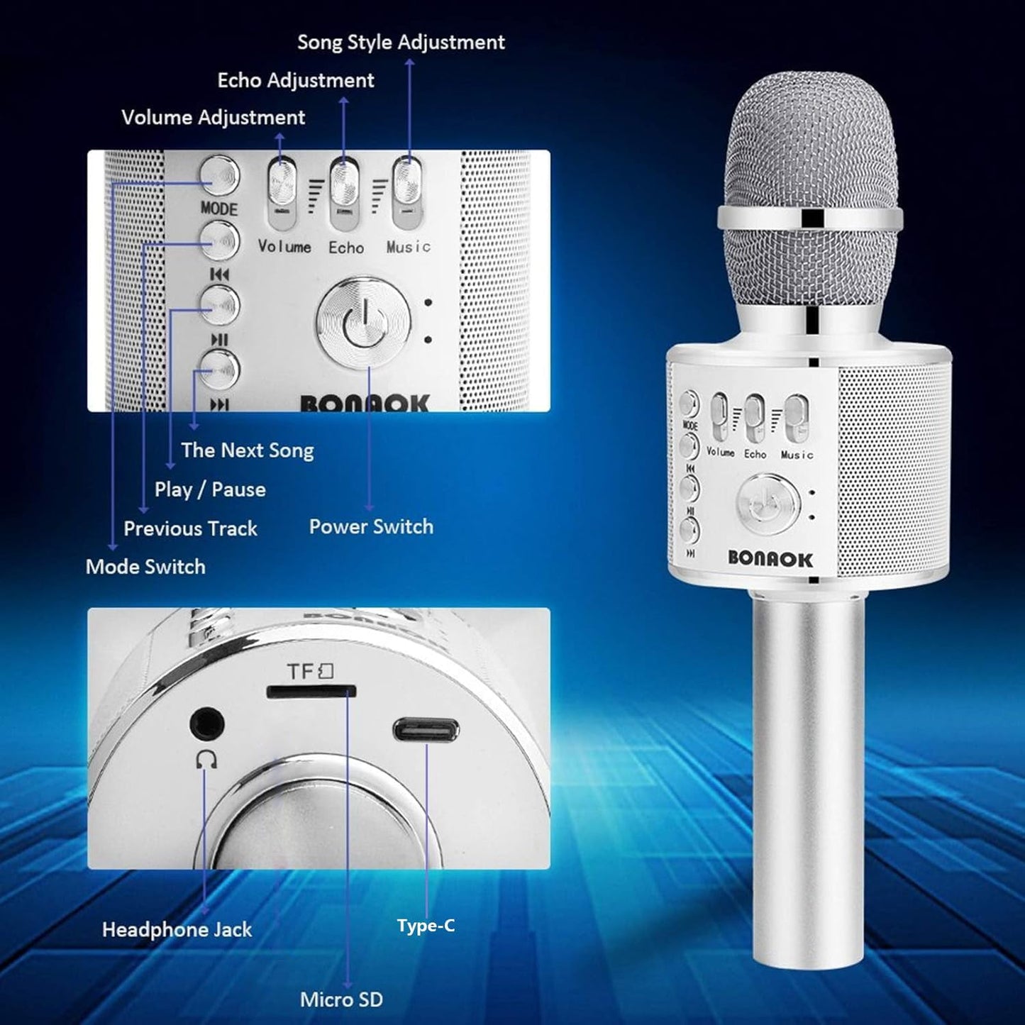 BONAOK Wireless Bluetooth Karaoke Microphone,3-in-1 Portable Handheld Mic Speaker for All Smartphones,Gifts for Kids Adults All Age Q37(Silver)