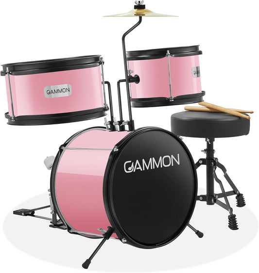 Gammon 3-Piece Junior Drum Set with Throne - Pink, Complete Beginner Kit with Bass Drum, Toms, Cymbal, Pedal, and Drumsticks