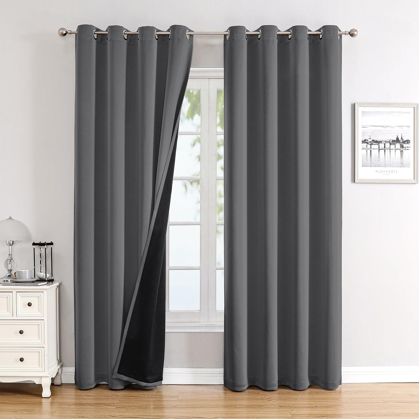 ChrisDowa 100% Blackout Curtains for Bedroom with Black Liner, 2 Thick Layers Total Blackout Thermal Insulated Grommet Window Curtains 2 Panels Set (Grey, 52 x 84 Inch)