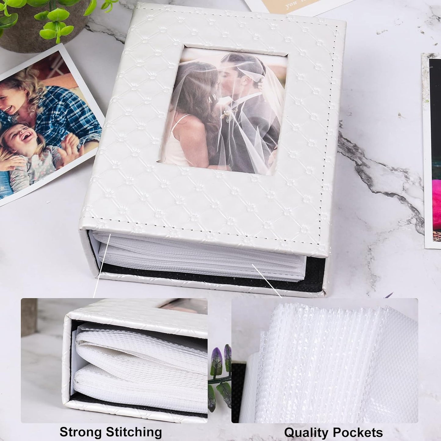RECUTMS Photo Album 4x6 100 Pockets Photos, Button Grain PU Leather Photo Books Small Picture Album for Baby Family Wedding Christmas Photo Albums Holds 100 Vertical Photos （White）