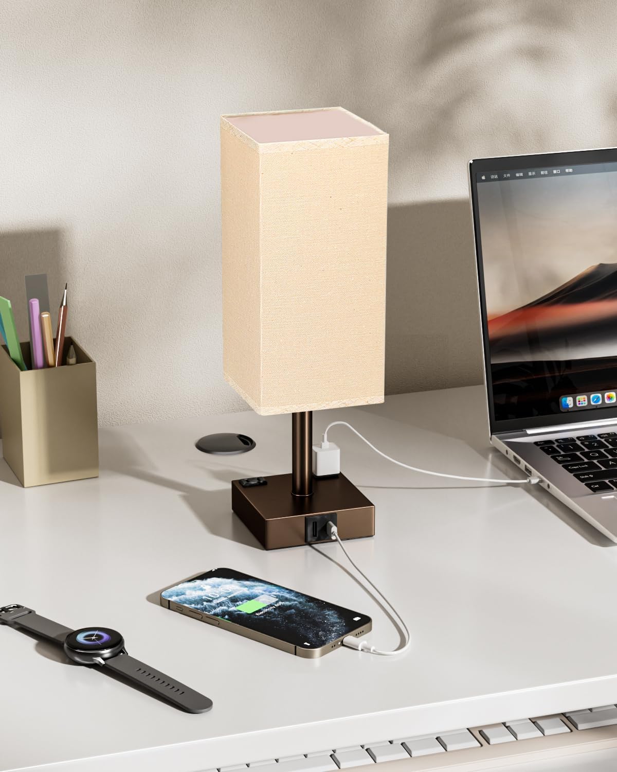 Brown Touch Table Lamp - Bedside Lamp with USB A + Type C Charging Ports and Two AC Outlets, Small Night Stand with E26 LED Bulb, Desk Light for Bedroom Living Room Office Dorm