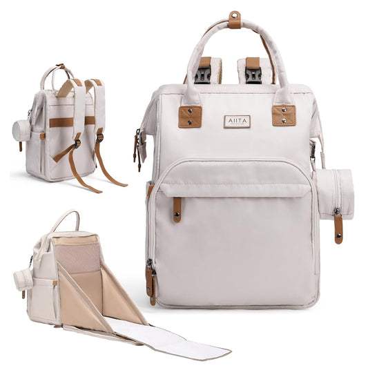 Diaper Bag Backpack, Multifunction Diaper Bag with Changing Station, Stylish Baby Bags, Large Unisex Diaper Backpack for Mom and Dad, Baby Registry Search, Portable Changing Pad – White Beige