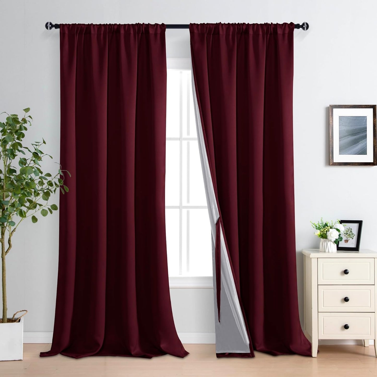 XWZO 100% Blackout Curtains Panels with Tiebacks- Heat and Full Light Blocking Window Drapes for Bedroom/Nursery, 95 Inches Long Thermal Insulated Draperies, Rod Pocket，Burgundy, W52 x L95, Set of 2