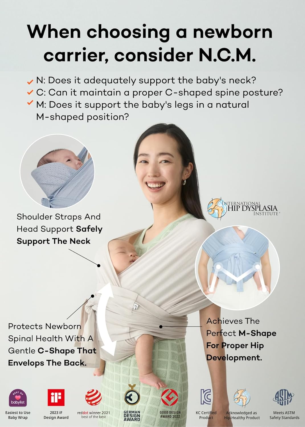 Konny Baby Carrier Flex SoftBreeze with Head Support - Adjustable, Easy to Wear Baby Wrap Sling, Perfect for Newborn Babies Essentials up to 44 lbs (XS-XL) - Neutral Beige