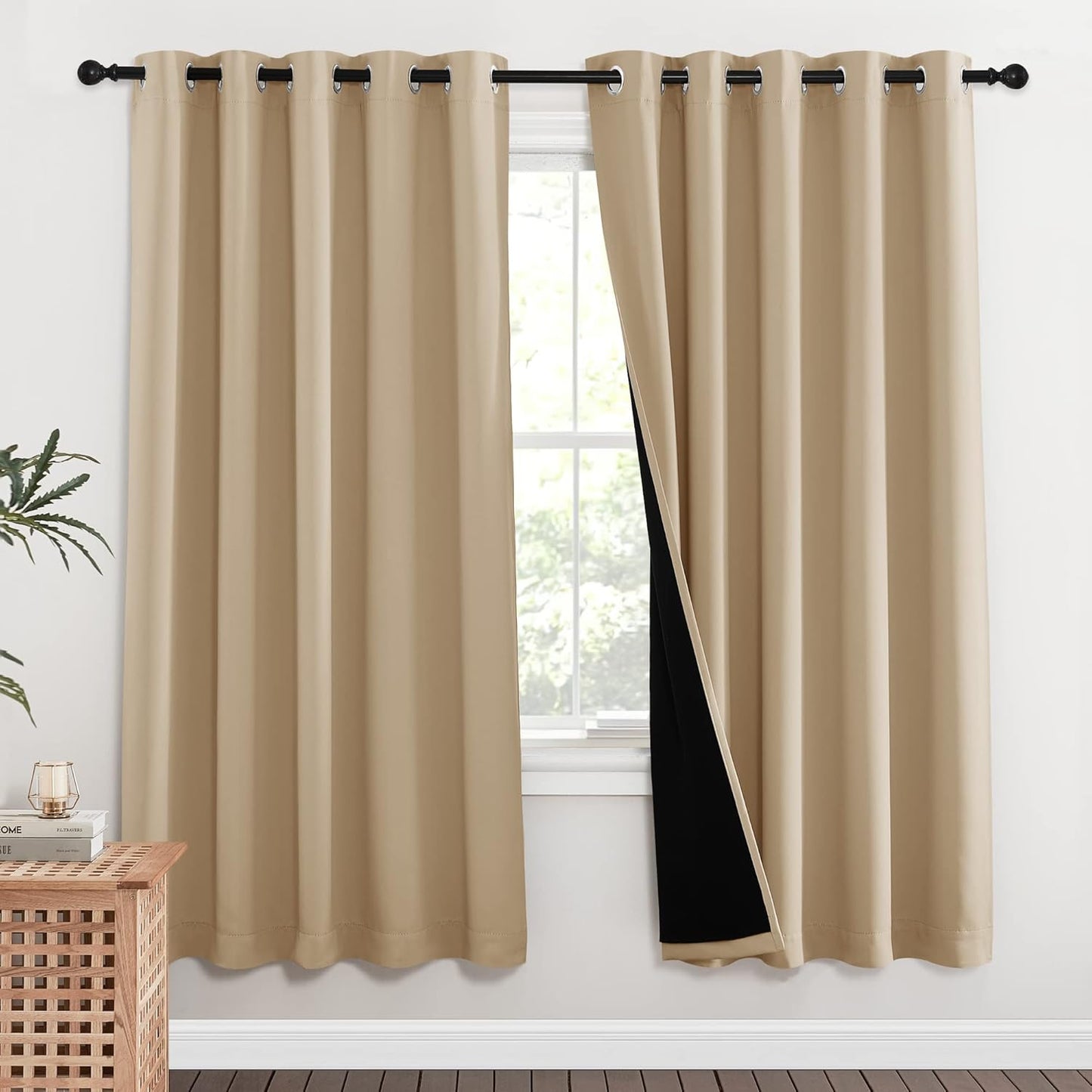 NICETOWN Living Room Completely Shaded Draperies, Privacy Protection & Noise Reducing Ring Top Drapes, Black Lined Insulated Window Treatment Curtain Panels(Biscotti Beige, 2 Pieces, W62 x L72)