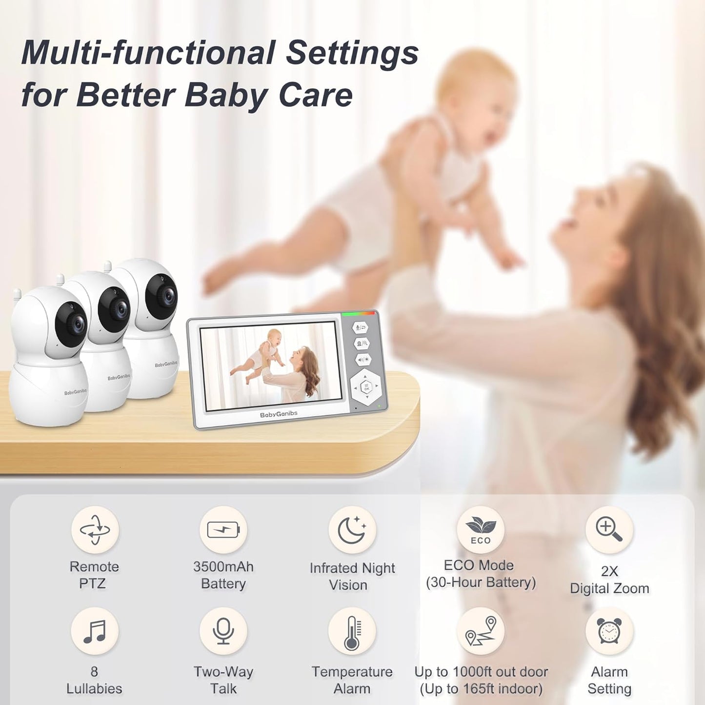 Baby Monitor with 3 Cameras Standby for 23-Hour Battery, Remote Control 4.3'' IPS Video Baby Monitor No WiFi Up to 1000ft Range, ECO, Night Vision, Temperature, 2-Way Talk, 8 Lullabies