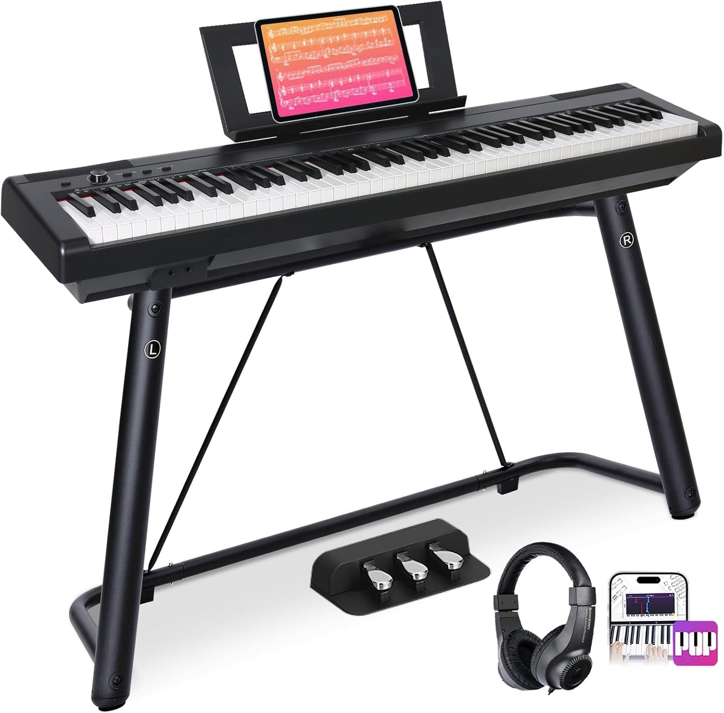 AODSK Digital Piano 88 Key Weighted keyboard Piano with Portable and stable U stand, Full Size Weighted Keyboard, with 3-Pedal Unit, 2x15W Stereo Speakers, MP3 Function, Black, Piano Lessons