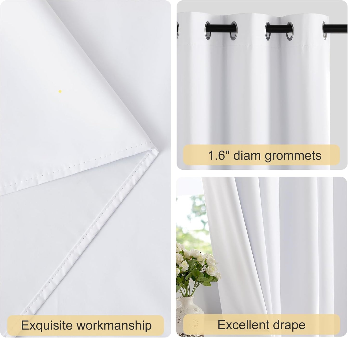 NICETOWN White 100% Blackout 90 inch Curtains for Bedroom, Grommet Full Blackout Window Treatments Heat Blocking for Living Room, W52 x L90, 2 Panels