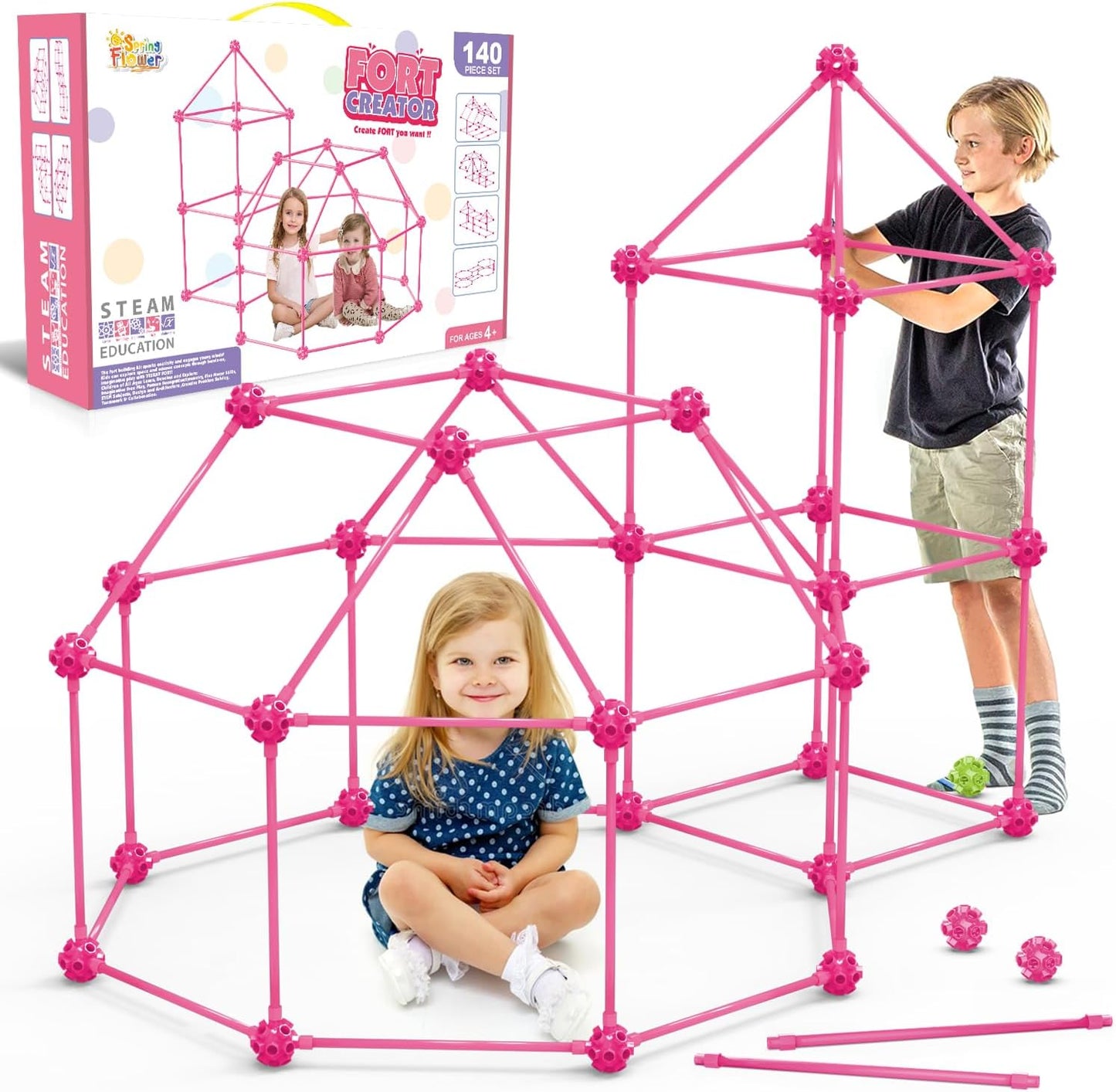 SpringFlower Fort Building Kit for Kids,STEM Construction Toys, Educational Gift for 3 4 5 6 7 8 9 10 11 12 Years Old Boys and Girls,Ultimate Creative Set for Indoor & Outdoors Activity,140 Pcs,Pink