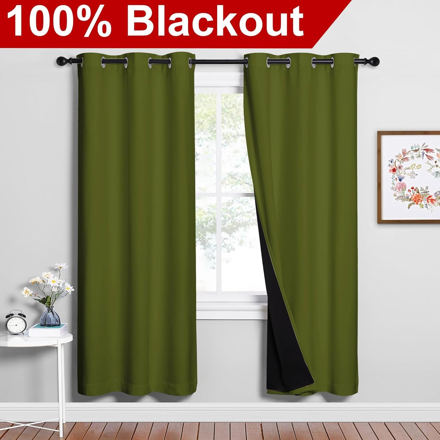 NICETOWN 100% Blackout Window Curtain Panels, Olive Green, 2 Pieces, 42-inch Wide Per Panel, Full Light Blocking Drapes with Black Liner for Nursery, 72-inch Drop Thermal Insulated Draperies