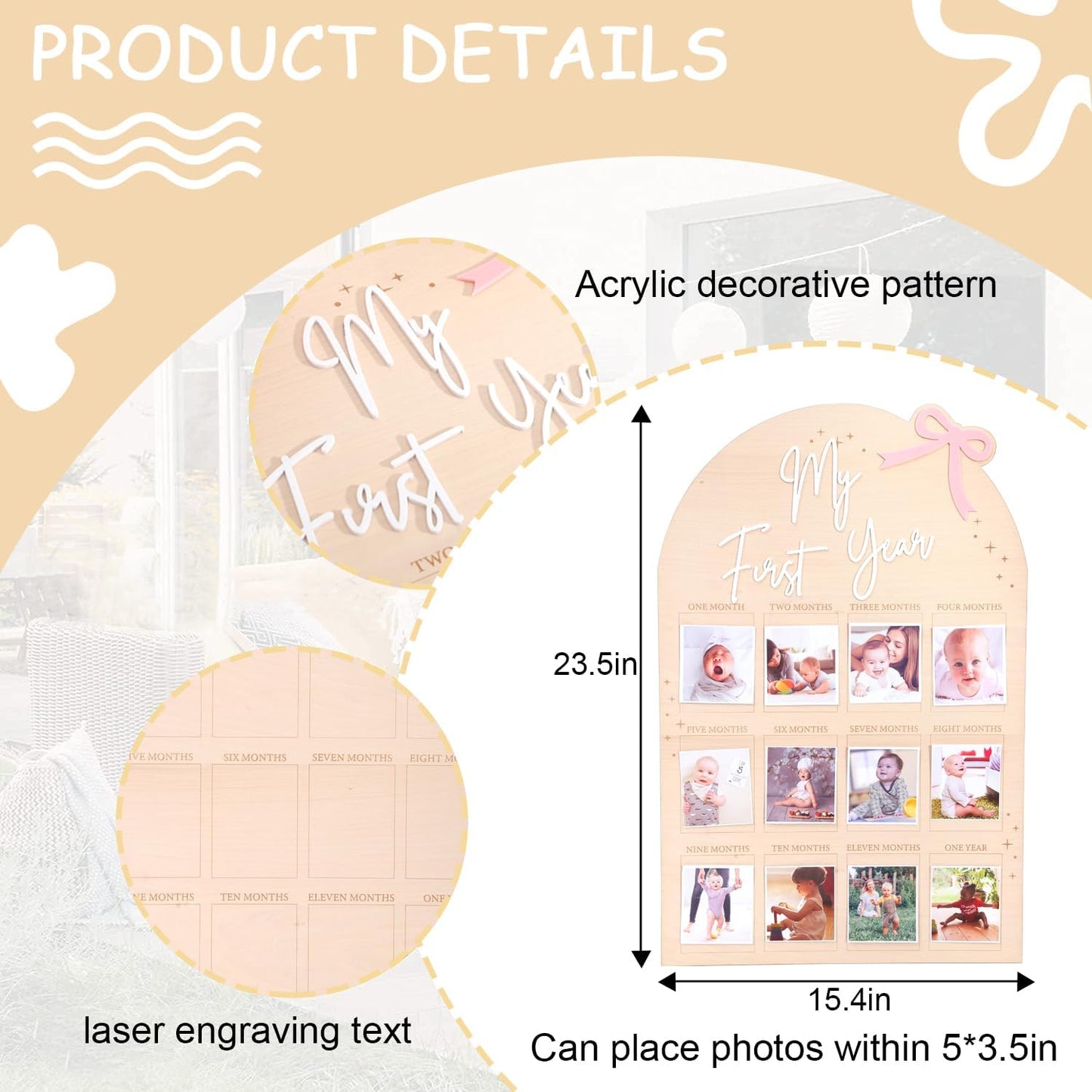 WAUAO Bow My First Year Birthday Board - One Year Of Photo Board,Monthly Milestone Wood Photo Board,First Birthday Decorations Girl,12 Months Photo Banner