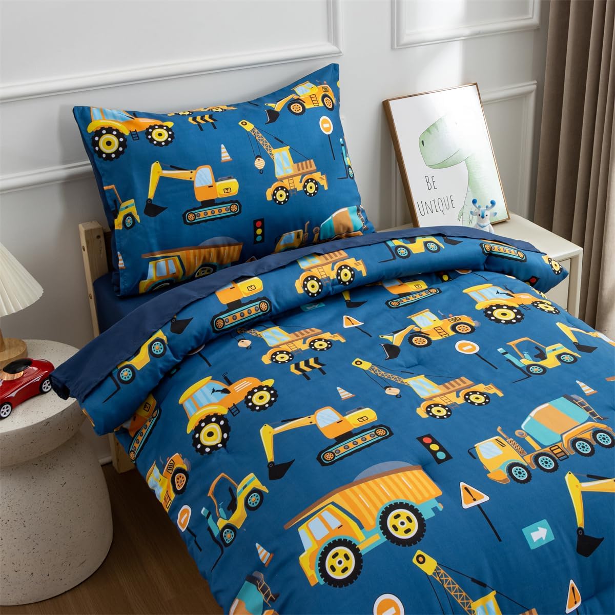 NTBED 4 Pieces Traffic Construction Toddler Bedding Set for Baby Boys,Truck Vehicles Excavator Cars Printed, Includes Comforter, Flat Sheet, Fitted Sheet and Pillowcase,Blue
