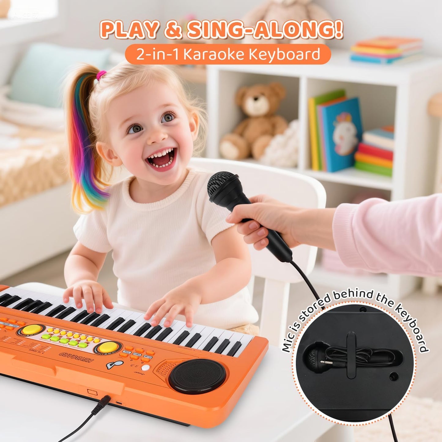 Kids Piano Keyboard Toy with Mic – 49 Keys Portable Electronic Piano for 3 4 5 6 7 Girls Boys Beginners Birthday Xmas Gifts, Orange