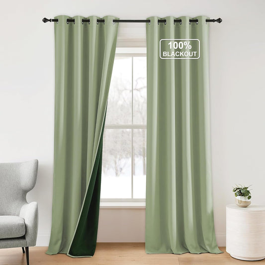 NICETOWN 100% Blackout Curtains for Bedroom - Grommet Privacy Window Treatment Drapery for Hotel & Rental Hous, Thermal Insulated Plylux Curtains for Living Room, 1 Pair, 52" W x 95" L, Olive Green