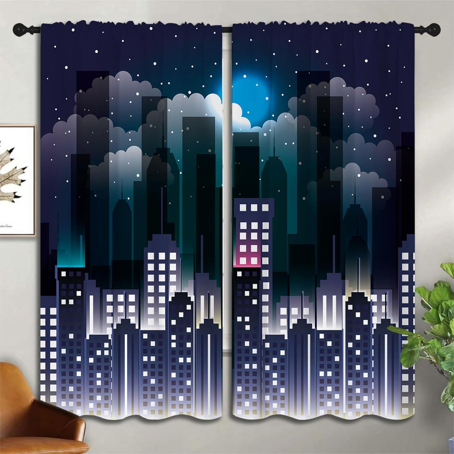 Superhero Rod Pocket Blackout Curtains for Boy Girl Bedroom, Violet Night Sky Buildings Cityscape Thermal Insulated Home Window Drapes for Living Room Darkening, 55x63 inch