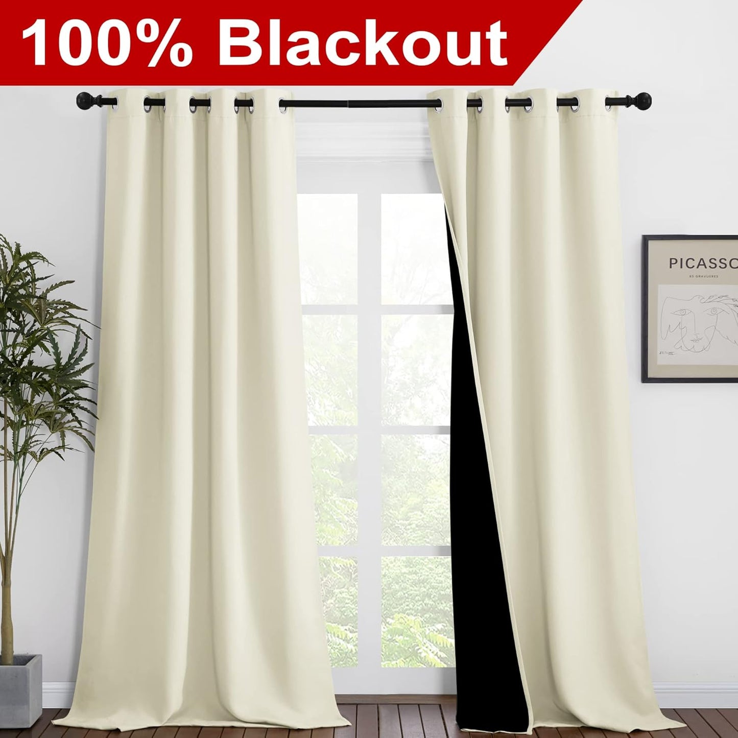 NICETOWN Thermal Insulated 100% Blackout Curtains, Noise Reducing Performance Drapes with Black Lining, Full Light Blocking Drapery Panels for Patio (Beige, 1 Pair, 46 inches x 90 inches)