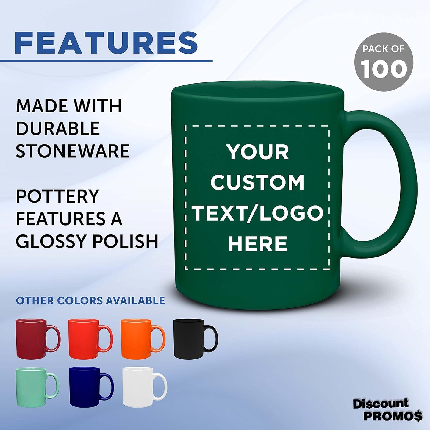 Custom Ceramic Coffee Mugs 11 oz. Set of 100, Personalized Bulk Pack - Coffee cup set, Iced coffee cup, Gaming mug - Green