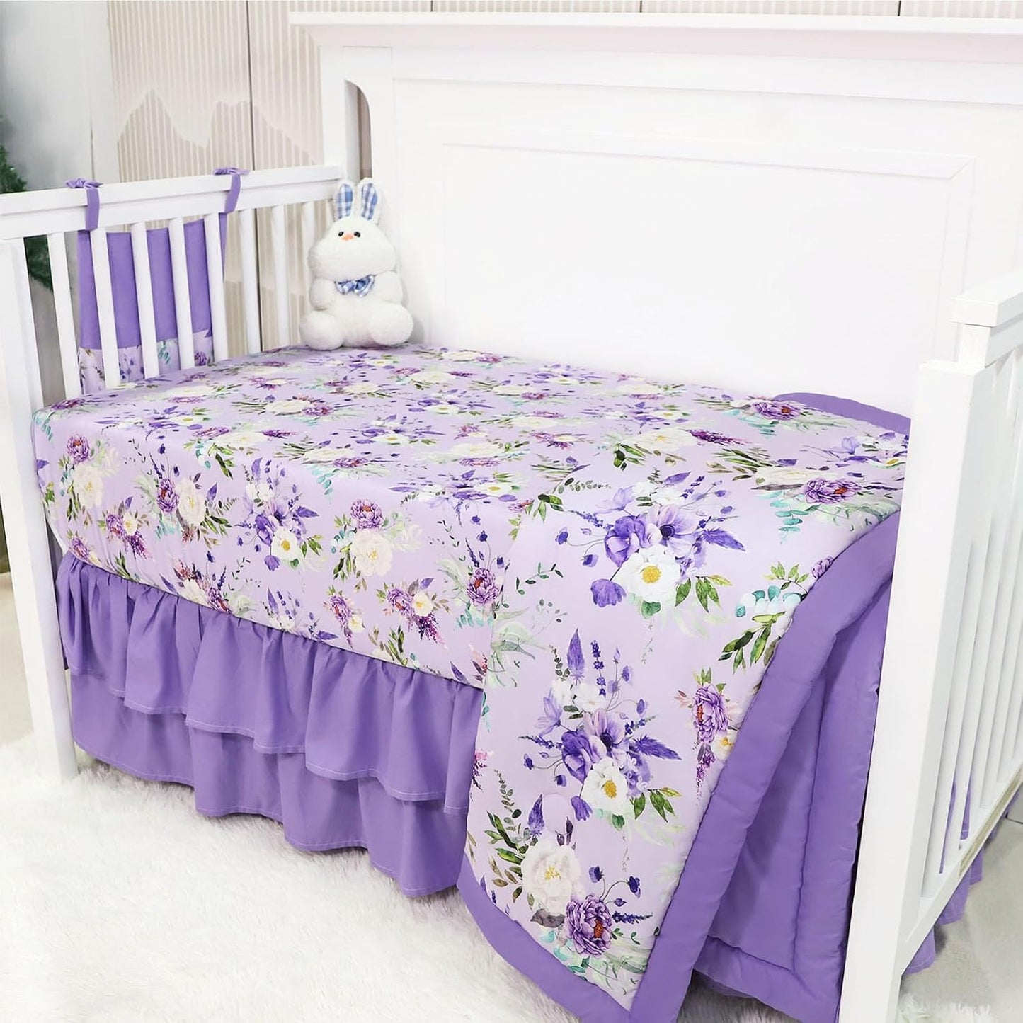 Crib Bedding Set for Girls, Purple Baby Crib Bedding Set 4 Piece, Baby Girl Nursery Bedding Set Including Comforter, Fitted Crib Sheet, Crib Skirt, Diaper Stacker, Floral