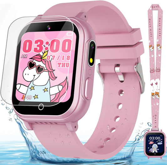 Kids Smart Watch Gift for Girls Ages 3-12, IP67 Waterproof, 32 Puzzle Games, HD Touchscreen Dual Camera Vedio Pedometer Music Player, Kids Watch Toy Birthday Gifts for Girls Ages 5 6 7 8 9 10 (Pink)