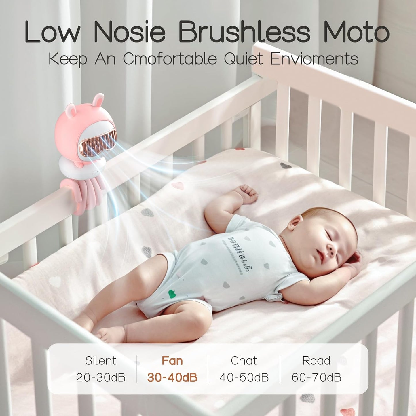 Cute Bunny Stroller Fan Clip On for Baby, Bladeless Fan 4000mAh Rechargeable Battery Operated, Flexible Tripod, 4 Speeds, Auto Oscillating, Small Cooling Fan for Kids