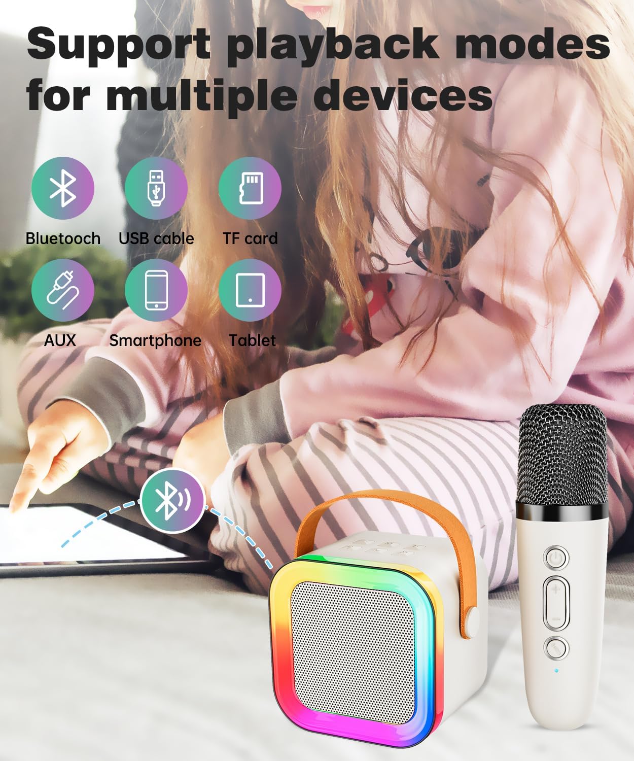 Mini Karaoke Machine Speaker for Kids Adults,Portable Bluetooth with 2 Wireless Microphones,Christmas Birthday Gifts Toys Girls Boys Ages 4, 5, 6,7, 8,9,10,11,12+ Years Old Toddler (Off-White - 2 Mic)