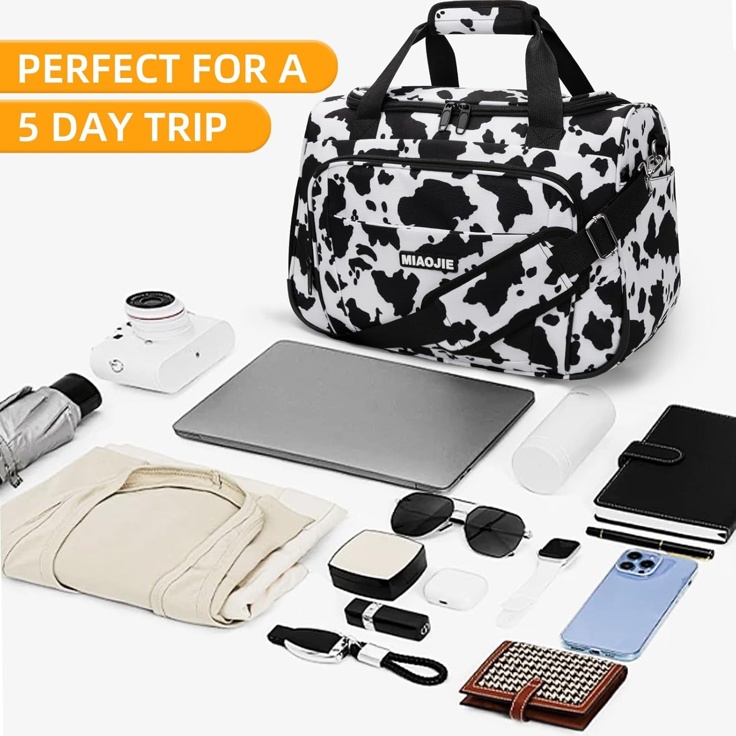 Underseat Carry On Luggage Lightweight Travel Tote Weekender Bag Overnight Duffle Bag for Travel, Travel Essentials Personal Item Travel Bag for Women and Men, Cow Pattern-16Inch