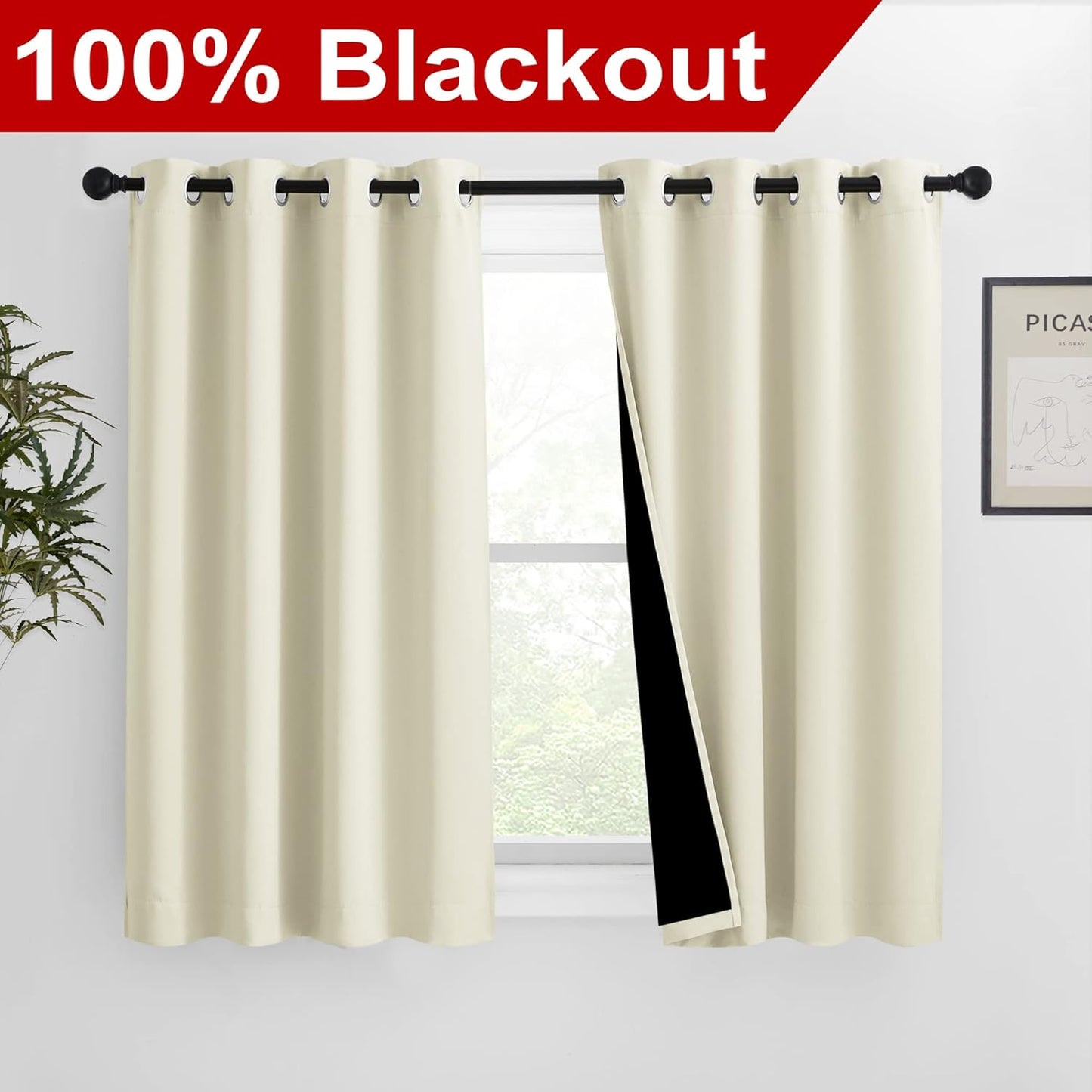 NICETOWN Warm Curtains for Winter, Bedroom Full Blackout Curtain Panels, Great Job for Blocking Light, Complete Blackout Draperies with Black Liner for Night Shift (Beige, Set of 2, 46 by 54-inch)