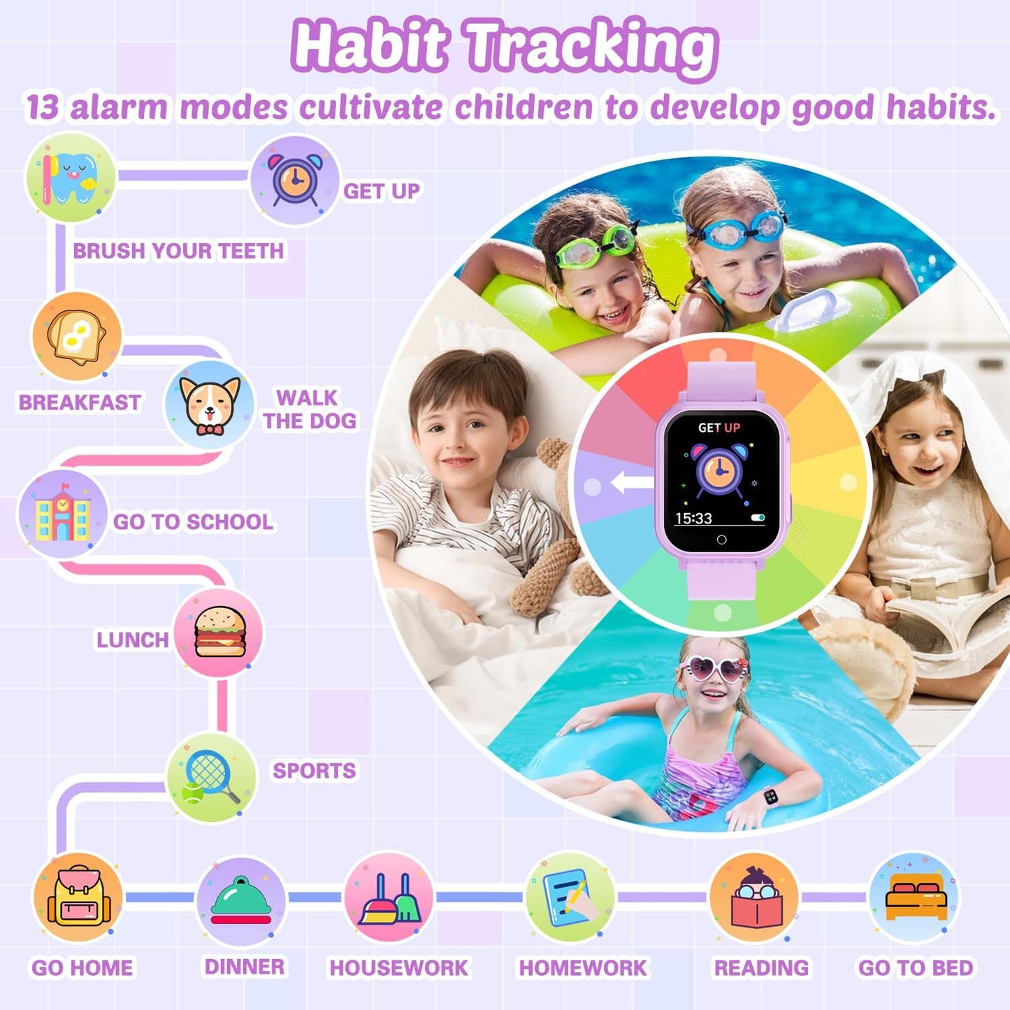 Waterproof Smart Watch for Kids Gift for Girls Age 5-12 with 32 Games, Dual Camera, Habit Tracking, Music Player, Video, Alarm Clock, HD Touchscreen Kids Smart Watch Birthday Toys for 6 7 8 9 Year Old